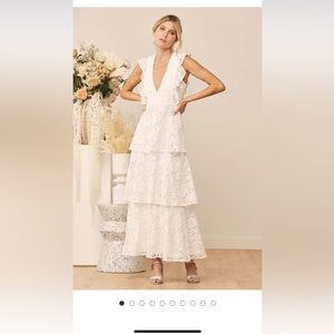 Lulus Molinetto White Lace Ruffled Tiered Sleeveless Maxi Dress XL